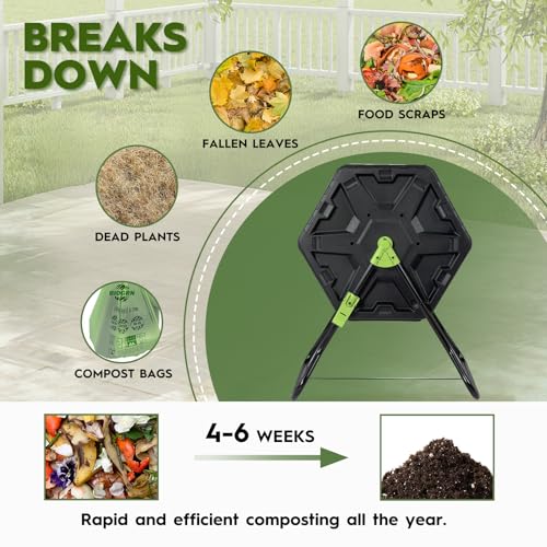21 Gallon Compost Tumbler Outdoor - Small Rotating Composting Bin with Single Chamber & Steel Frame - BPA-Free Compact Garden Waste Bin for Kitchen Scraps & Yard Manure - Quick 5-Minute Assembly - size: 21 Gallon