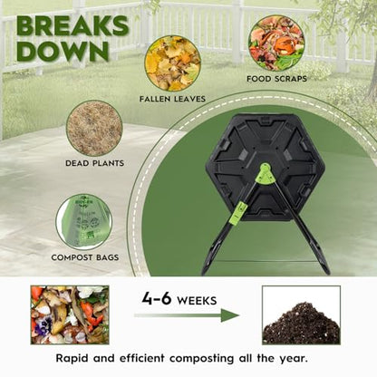 21 Gallon Compost Tumbler Outdoor - Small Rotating Composting Bin with Single Chamber & Steel Frame - BPA-Free Compact Garden Waste Bin for Kitchen Scraps & Yard Manure - Quick 5-Minute Assembly - size: 21 Gallon
