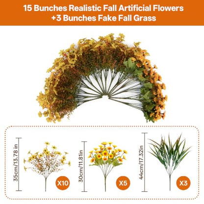 18PCS Artificial Fall Flowers Outdoors, UV Resistant Fake Mums with Grass - color: Yellow Daisies & Violets & Grass