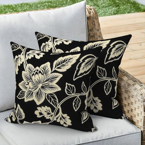 Outdoor 16x16 Inch Throw Pillow Covers Set of 2, Covers ONLY, All Weather Square Pillow Cases, Patio Cushion Pillow of Home Furniture Use, Elegant Vines Black - color: Elegant Vines Black, size: 16" x 16" (Pack of 2)