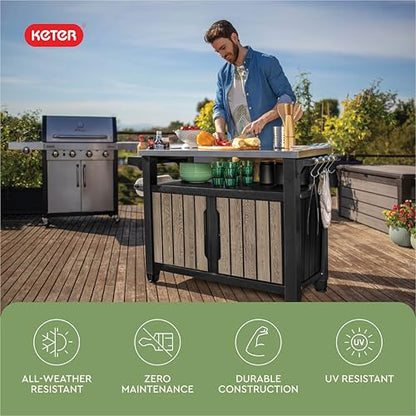 Keter Unity XL Outdoor Entertainment Cart with Wood‑Look Finish, 78‑Gallon Patio Storage Cabinet, Food Prep Station, Stainless‑Steel Top for BBQ, Grill, Patio, Deck & Backyard, Ashwood - color: Ashwood