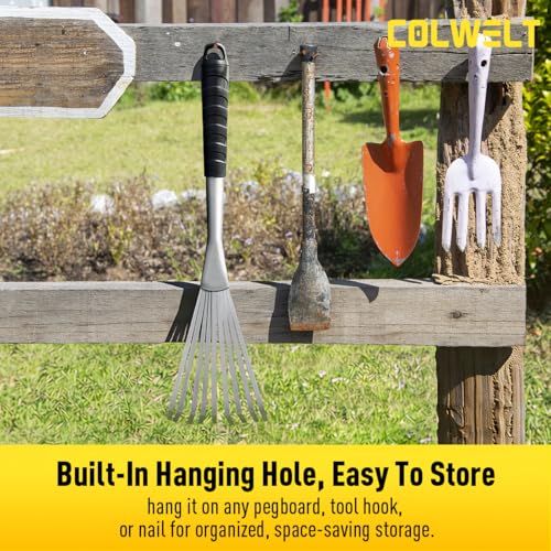 Colwelt Hand Rake 16.5", Small Rake for Gardening with 9 Resilient Flat Tines, Metal Mini Rake with Hanging Hole for Storage, Hand Fan Rake for Leaves, Loosening Soil, Spreading Mulch, Flower Beds