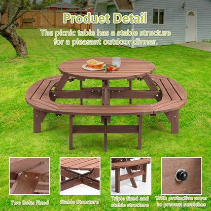 8-12 Person Outdoor Round Wooden Picnic Table with 8 Built-in Benches, Umbrella Hole, Outside Table and Bench Set for Garden, Backyard, Porch, Patio and Deck - size: 12person