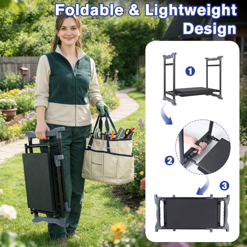 Garden Kneeler and Seat, Extra Wide Thick EVA Pad, Heavy Duty Foldable Garden Bench Holds 350lbs, Ergonomic Kneeling Stool with Garden Tool Pouches, Gardening Gifts for Women, Men & Seniors - color: Beige & Blue