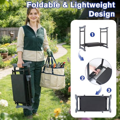 Garden Kneeler and Seat, Extra Wide Thick EVA Pad, Heavy Duty Foldable Garden Bench Holds 350lbs, Ergonomic Kneeling Stool with Garden Tool Pouches, Gardening Gifts for Women, Men & Seniors - color: Beige & Blue