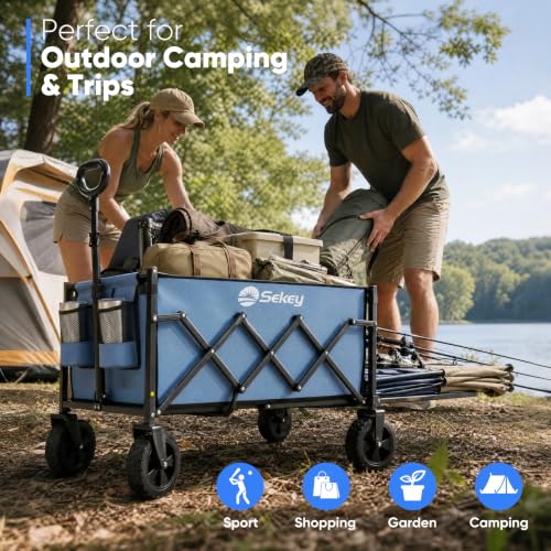 Sekey Collapsible Wagon with Tailgate, 300 lb Capacity, 38 in Cargo Length - color: Blue