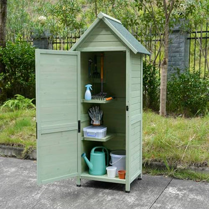 SUHPETNSOutdoor Wooden Storage Shed with Safety Latch & Adjustable Shelves, Weather‑Resistant Garden Tool Cabinet, Patio Storage Organizer (Light Green)