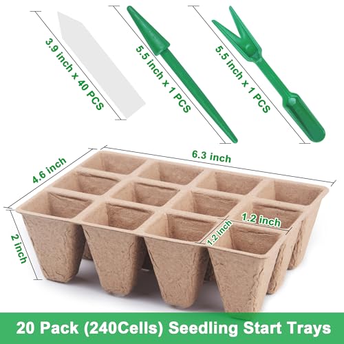 240 Cells Seed Starter Tray Kit, Biodegradable Peat Pots for Seedlings Trays, Plant Starter Seed Germination Kit with 40 Labels and 2 Transplant Tools (20, 240 Cells)