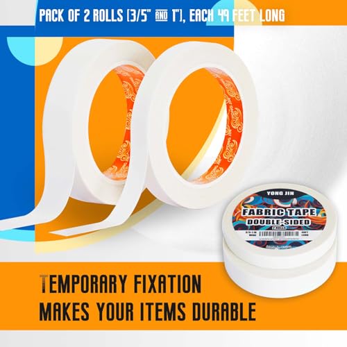 YONGJIN Double-Sided Fabric Tape,Hem Tape No Sew No Iron,3/5"+1" (2 Rolls) - size: 3/5inch+1inch