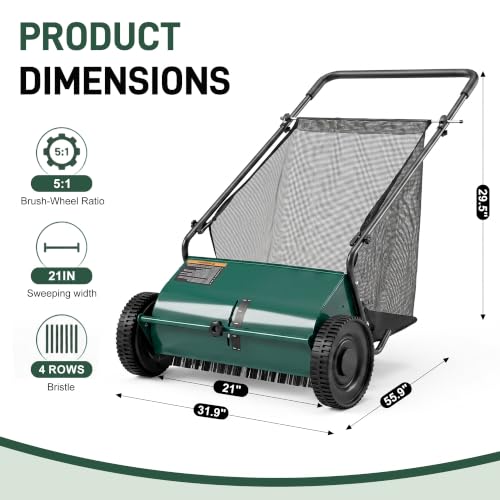 DRMBOOK Push Lawn Sweeper, Manual Leaf & Grass Collector, 21-Inch Green - color: Green, size: 21-Inch