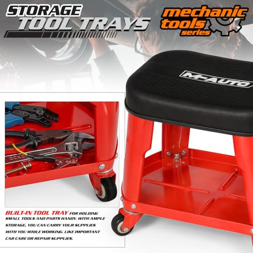 M-AUTO Heavy Duty Garage Rolling Work Seat 300LBS Capacity Mechanics Stool with Wheels, Equipment Tray and Tool Rack, Rectangle Mechanic Roll Chair, Red, (M-AUTO A03-RS-004-RD) - color: Red