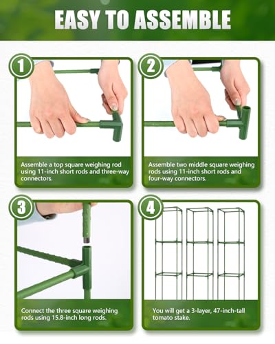 3 Pack 47 Inch Heavy Duty Height Adjustable Square Tomato Cage - color: Dark Green