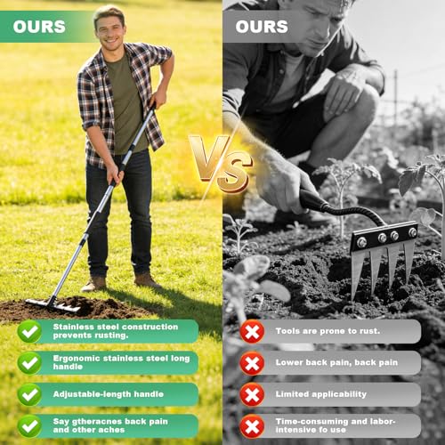 Weed Puller Tool with Long Handle, 3-in-1 Weeding Rake and Weed Remover Tool for Yard, Gardening Long Handle Weeding Tools, Stainless Steel Adjustable Handle, Ergonomic Grip