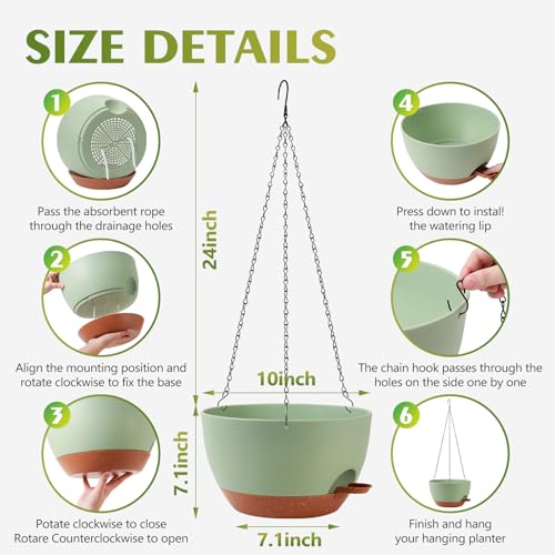 GARDIFE Hanging Planters, Self Watering, Green 10 Inch 2 Pack with Drainage - color: Green, size: 10 inch