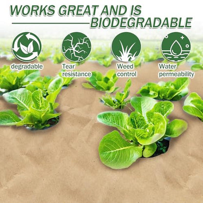 120 x 4 Ft Biodegradable Paper Weed Barrier, Garden Paper Weed Barrier with U-Shaped Ground Nails, Biodegradable Landscape Fabric, Weedguard Plus Paper Mulch for Weed Control & Holds Soil Moisture - size: 120*4ft