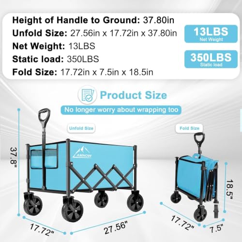AMNOW 100L Collapsible Wagon Cart with All Terrain Wheels, 350LBS, Blue - color: Light Blue