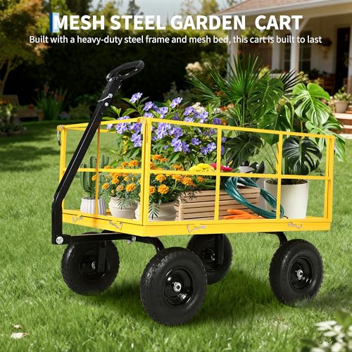 1500 Lbs Heavy Duty Garden Utility Wagon Cart, 3-in-1 Steel Yard Trailer with Removable Mesh Sides, 13" All-Terrain Tires, 180° Swivel Handle for Garden, Farm & Lawn - color: Yellow