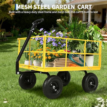 1500 Lbs Heavy Duty Garden Utility Wagon Cart, 3-in-1 Steel Yard Trailer with Removable Mesh Sides, 13" All-Terrain Tires, 180° Swivel Handle for Garden, Farm & Lawn - color: Yellow