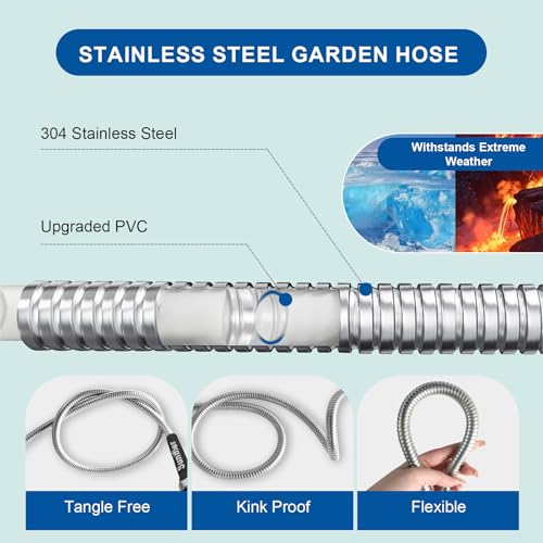Metal Garden Hose 30 Ft Flexible Stainless Steel Water Hose 25 Ft 50 Ft With Hose Nozzle, Heavy Duty No Kink Hose (30FT) - size: 30 Feet