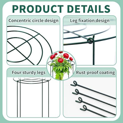 4 Sets Peony Support Cage,24"Diax32"High Heavy Duty Metal Plant Support,Grow Through Hoops Grids with 4 Thickened 6mm Legs,Strong Support Brace for Heavy Blossoms,Flower Support Ring for Peonies,Rose - size: 24"X32"-4PCS