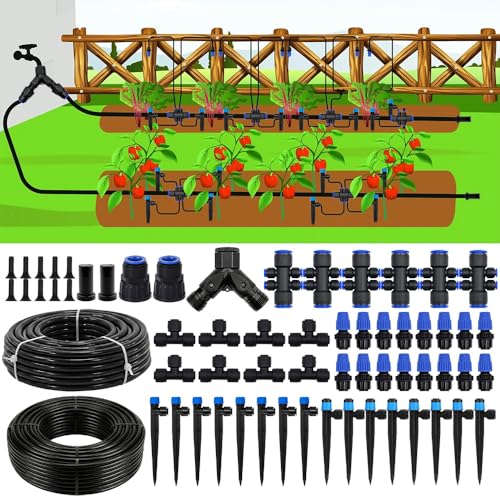 230FT Quick-Connect Drip Irrigation System Kit, Automatic Garden Watering System with 1/4" & 1/2" Tubing - Adjustable Nozzles & Sprinklers for Garden, Greenhouse, Lawn, Potted Plants - size: 33FT Main tube+197FT 1/4'' tube