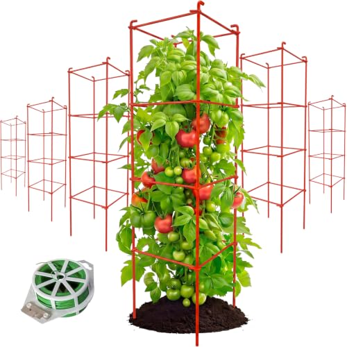 6-Pack 46inch Metal Tomato Cage for Garden Plant Support - color: Red, size: 46” H x 12” W