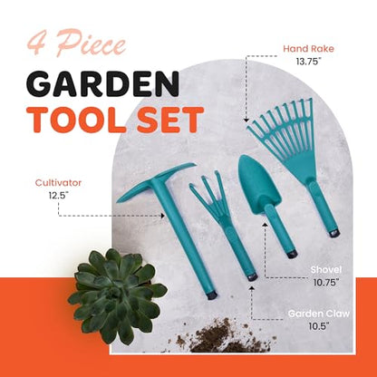 Mintra Garden Tool Set, 4-Piece Heavy Duty Gardening Tools, Includes Cultivator, Trowel, Shovel & Rake, Durable Poly Material & Non-Slip Handle, Planting, Potting, Yard Work, Landscaping – Black - color: Black