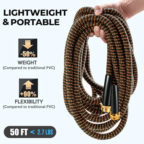 Expandable Garden Hose 50 ft with 10 Function Spray Nozzle, Flexible, Kink Free, Leak-Proof, Ultra Lightweight Retractable Stretch Water Hose 50ft for Yard, Lawn, Car Wash and Outdoor, Black Orange