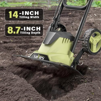 SOYUS 14 Inch Electric Tiller Cultivator 12 Amp Corded Tiller for Gardening, Garden Tiller with Folding Handle, 4 Steel Tines Wheeled Rototiller for Lawn Yard Soil Tilling