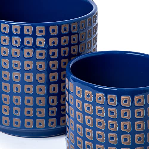 D'vine Dev Set of 2 Ceramic Planter Pots with Drainage Hole and Saucer, 4.5 Inch Plant Pots for Plants Indoor Houseplants, Blue, 99-Z-A-6-V - size: 4", style: Geometric Blue