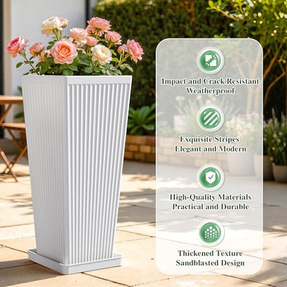 24" Tapered Tall Planters for Outdoor Plants with Tray&Shelf, White - color: White-smooth