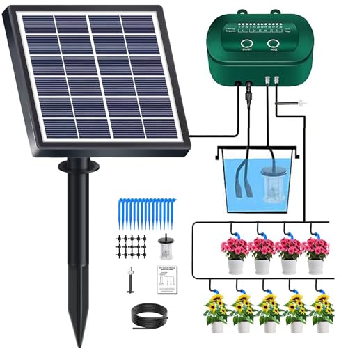 Lewisia 2W Solar Automatic Drip Irrigation Kit with Timer Auto Watering System Solar Powered Auto-Irrigation Set for Garden Beds Patio Lawn Plants Greenhouse Flower 50FT for 15 Plants
