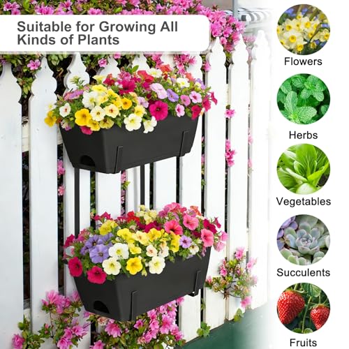 2 Tier Railing Planter Box Set of 2, 4 Pack Black Window Boxes Planters - color: Black