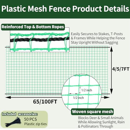 Deer Fence Netting, 5x65 Ft Plastic Mesh Fence Roll, Temporary Fence Green - color: Green, size: 5X65FT
