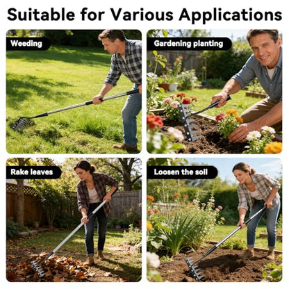 Weed Puller Tool 7-Tooth Iron Weeding Rake with Long Handle - Heavy Duty Garden Weeding Tool for Cultivating, Soil Aeration & Weed Removal