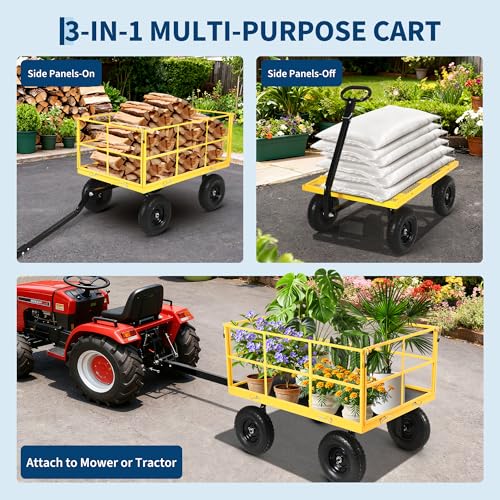 1500 Lbs Heavy Duty Garden Utility Wagon Cart, 3-in-1 Steel Yard Trailer with Removable Mesh Sides, 13" All-Terrain Tires, 180° Swivel Handle for Garden, Farm & Lawn - color: Yellow
