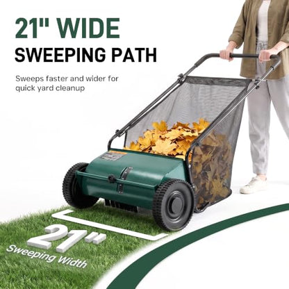 DRMBOOK Push Lawn Sweeper, Manual Leaf & Grass Collector, 21-Inch Green - color: Green, size: 21-Inch