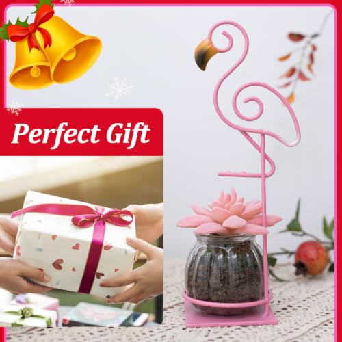 Tabletop Pink Flamingo Planter Propagation Station, Glass Vase Metal Stand - color: Pink Flamingo