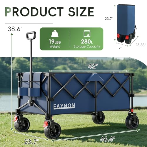 46" L Collapsible Foldable Extended Wagon, 500LB Weight Capacity with 280L Heavy Duty Folding Cart,Utility Wagon with All-Terrain Beach Wheel & Drink Holders,Blue - color: Blue