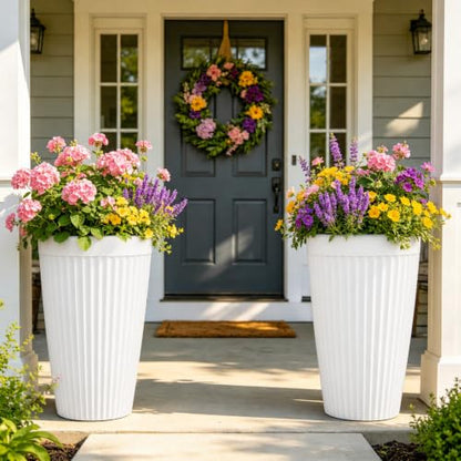 Autodaya 20" Tall Fluted Resin Planters Set of 2 with Drainage Holes - color: White Fluted-20"h