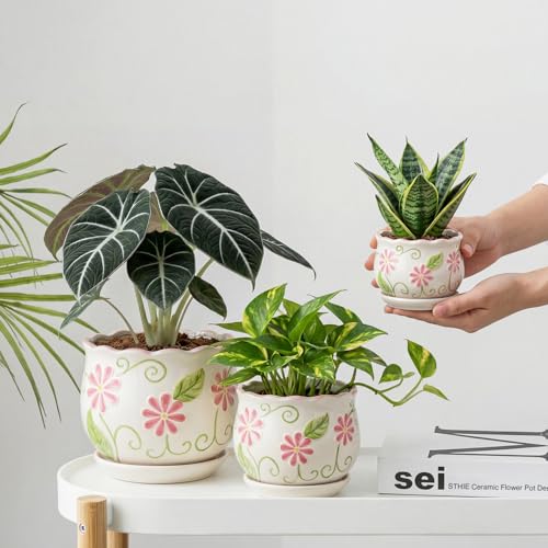 Pink Ceramic Flower Pots, 4+5.2+6.6 Inch Small Plant Pots for Indoor Plant - color: White99-hp
