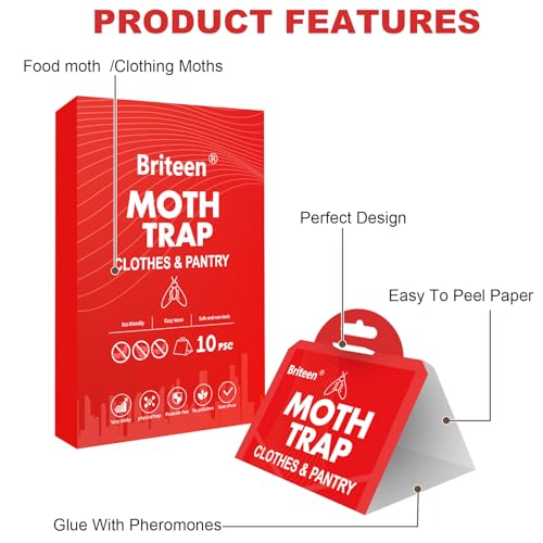 Pantry Moth Traps 10-Pack Safe and Effective for Food and Clothing- Glue Traps with Pheromones for Wool Closet Carpet Food and Cupboard K10 - color: Red