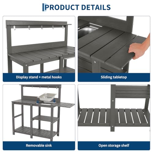 Outdoor Potting Bench Table with Metal Basin - color: Night Frost Gray Finish