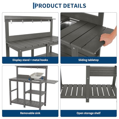 Outdoor Potting Bench Table with Metal Basin - color: Night Frost Gray Finish