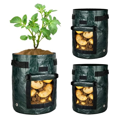 iPower 3 Pack 10 Gallon Potato PE Grow Bags with Flap, Garden Planting Nonwoven Fabric Pots with Reinforced Handle, Heavy Duty and Aeration Planter Pot for Tomato, Fruits, Vegetables and Flowers - size: 10 Gallon 3 Pack PE
