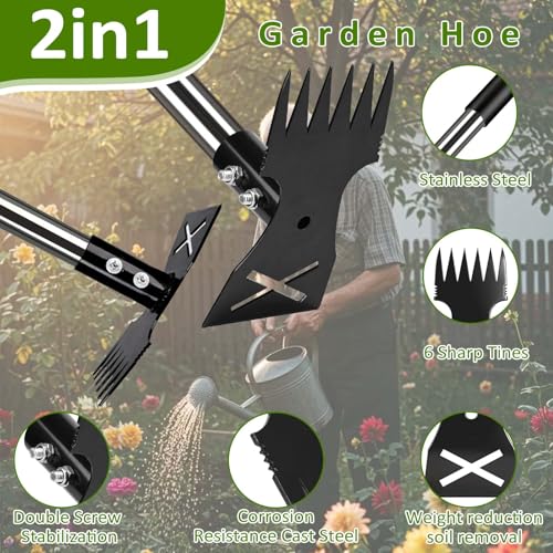 Weed Puller Tool with Long Handle-Vertical Adjustable Weeder, 2-in-1 Garden Hoe and Weeding Rake Combination, Weeding Tool for Garden, Lawn, Farm and Courtyard