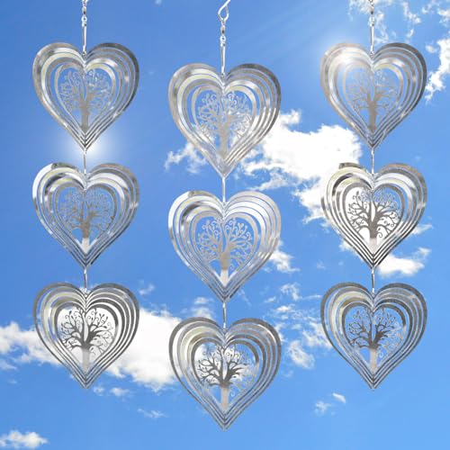 Phuryllic Wind Spinners Outdoor, Garden Decor Valentine, Bird Deterrents for Outside, 3D Metal Yard Decorations for Patio & Porch, Gardening Gifts for Women & Moms Valentine - 9pcs Heart Tree of Life - color: 9pcs Silver Heart Tree