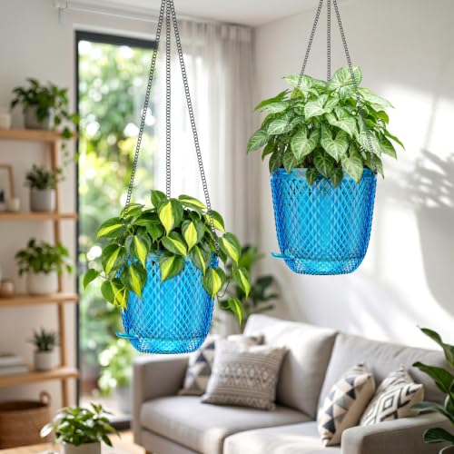QCQHDU 5.7 Inch Small Hanging Planters for Indoor Outdoor Plants,Self Watering Flower Pots Hanging Basket Plant Hanger with Drainage Holes and 3 Hooks for Window Porch Garden Balcony, (Blue) 2 Pack - color: Blue, size: 5.7"+5.7"