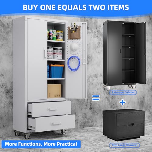 Aobabo Upgraded Metal Garage Storage Cabinet with Wheels and 2 Drawers, Lockable Rolling Tools Cabinet with Pegboards and Hooks,Assembly Required,White - color: White, size: 15"D x 30"W x 71"H-2 Drawers