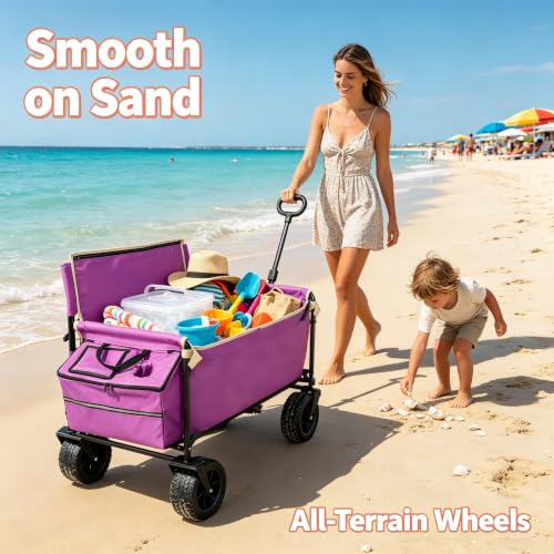 Collapsible Beach Utility Wagon Cart Seat, Heavy-Duty with Ice Bag - color: Purple, size: 7" wheels